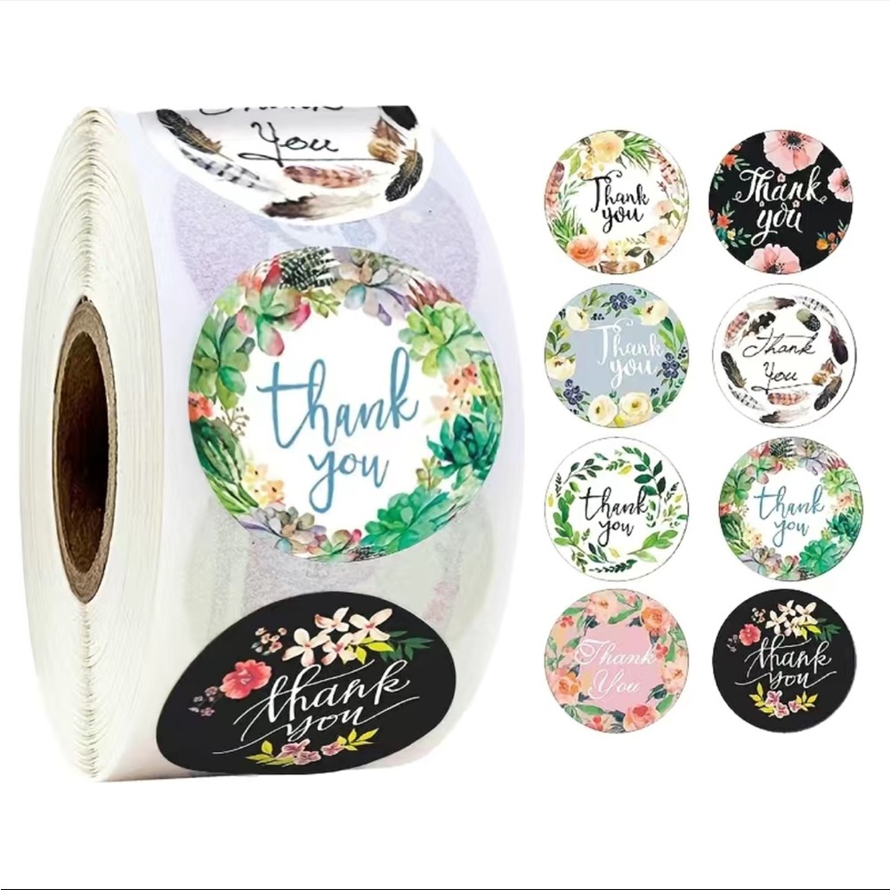 New roll of New 1 inch floral thank you stickers